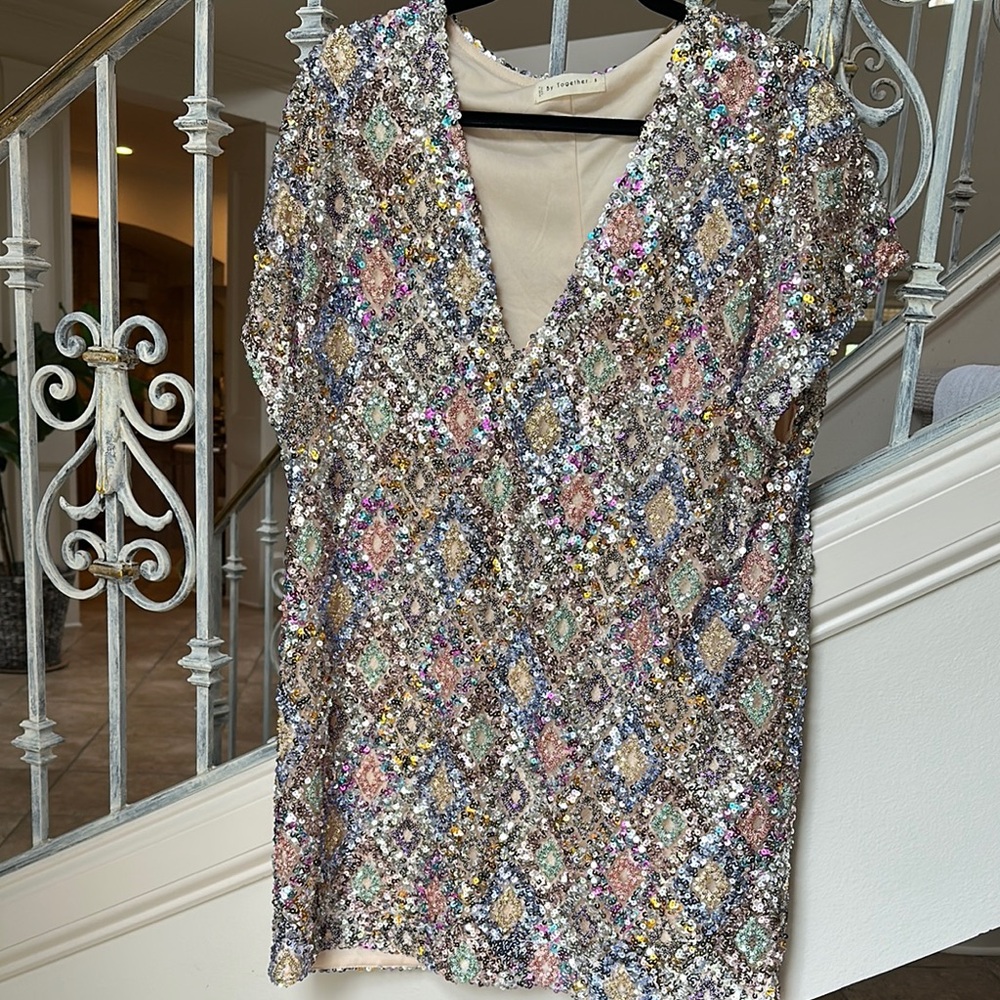 By Together Sequin Embellished Cap Sleeve Mini Dress in Pink and Blue